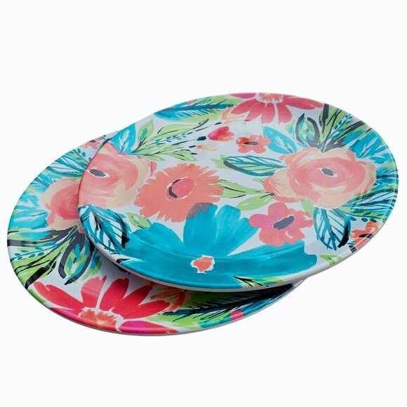 Nicole Miller Floral Melamine 11" Dinner Plate Pair Turquoise, Orange EUC - Picture 4 of 11